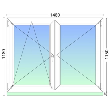 150x120cm, középen felnyíló váltószárnyas, kétrétegű üvegezésű, fehér műanyag ablak
