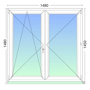 150x150cm, középen felnyíló váltószárnyas, háromrétegű üvegezésű, fehér műanyag ablak