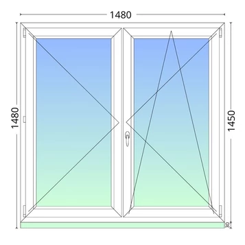 150x150cm, középen felnyíló váltószárnyas, kétrétegű üvegezésű, fehér műanyag ablak