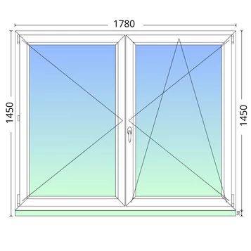 180x150cm, középen felnyíló váltószárnyas, kétrétegű üvegezésű, fehér műanyag ablak