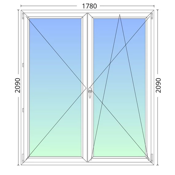 180x210cm,középen felnyíló váltószárnyas, jobbos, kétrétegű üvegezésű, fehér EkoSun 70 műanyag erkélyajtó