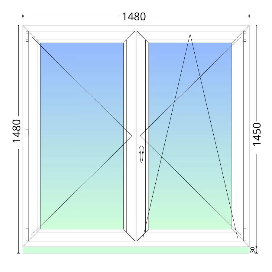 150x150cm,középen felnyíló váltószárnyas, jobbos, háromrétegű üvegezésű, fehér Active Plus Therm műanyag ablak