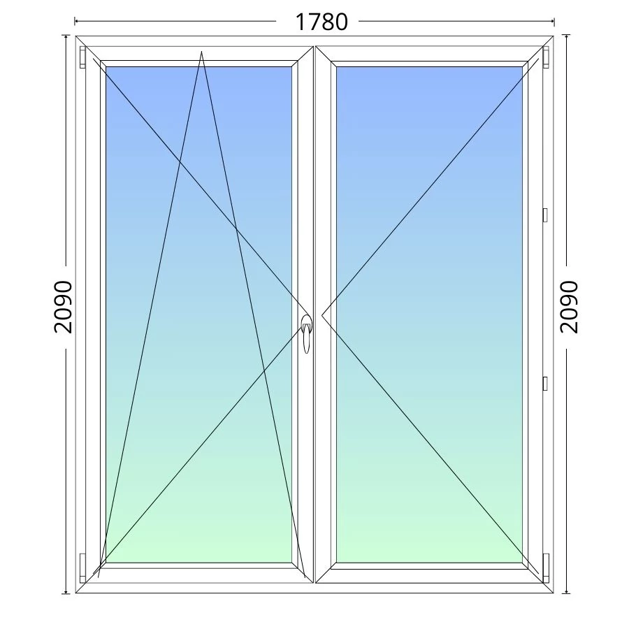 180x210cm,középen felnyíló váltószárnyas, balos, háromrétegű üvegezésű, fehér Active Plus Therm műanyag erkélyajtó